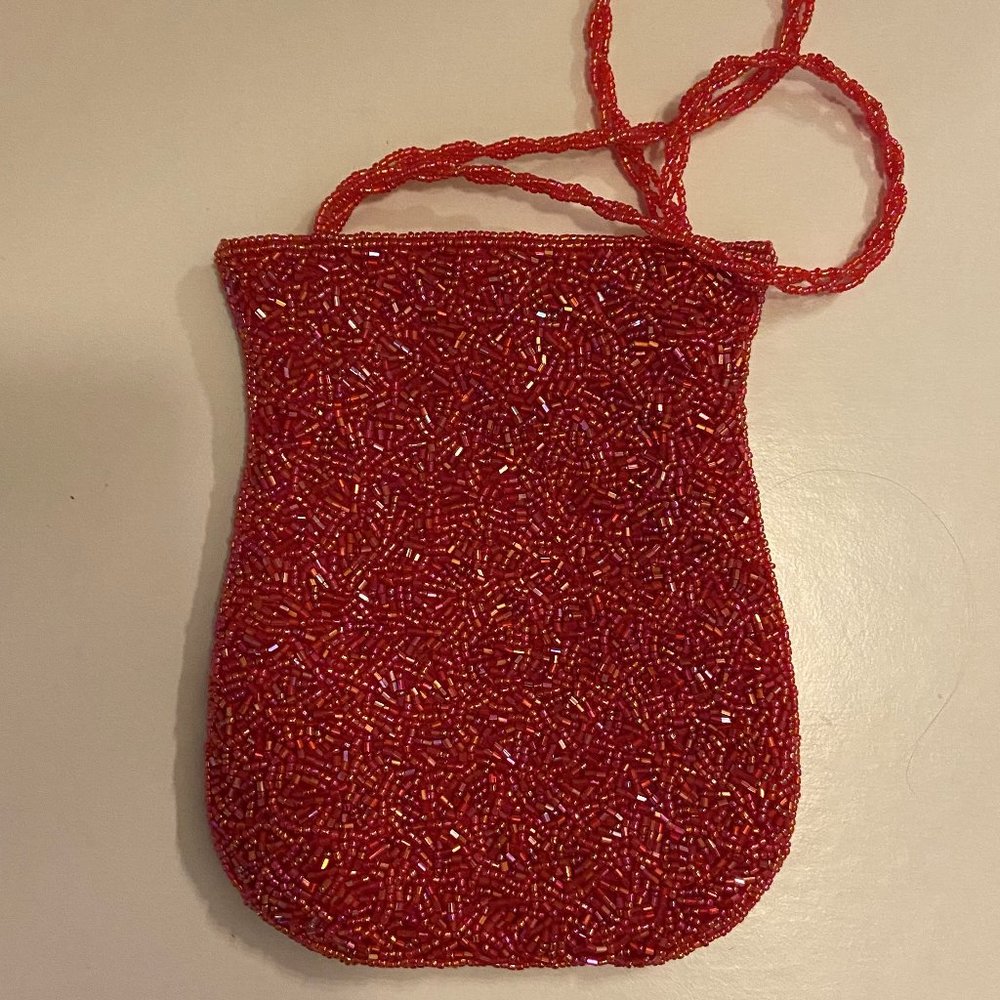 Clamshell mini purse, red fully beaded evening bag, Inge Christopher